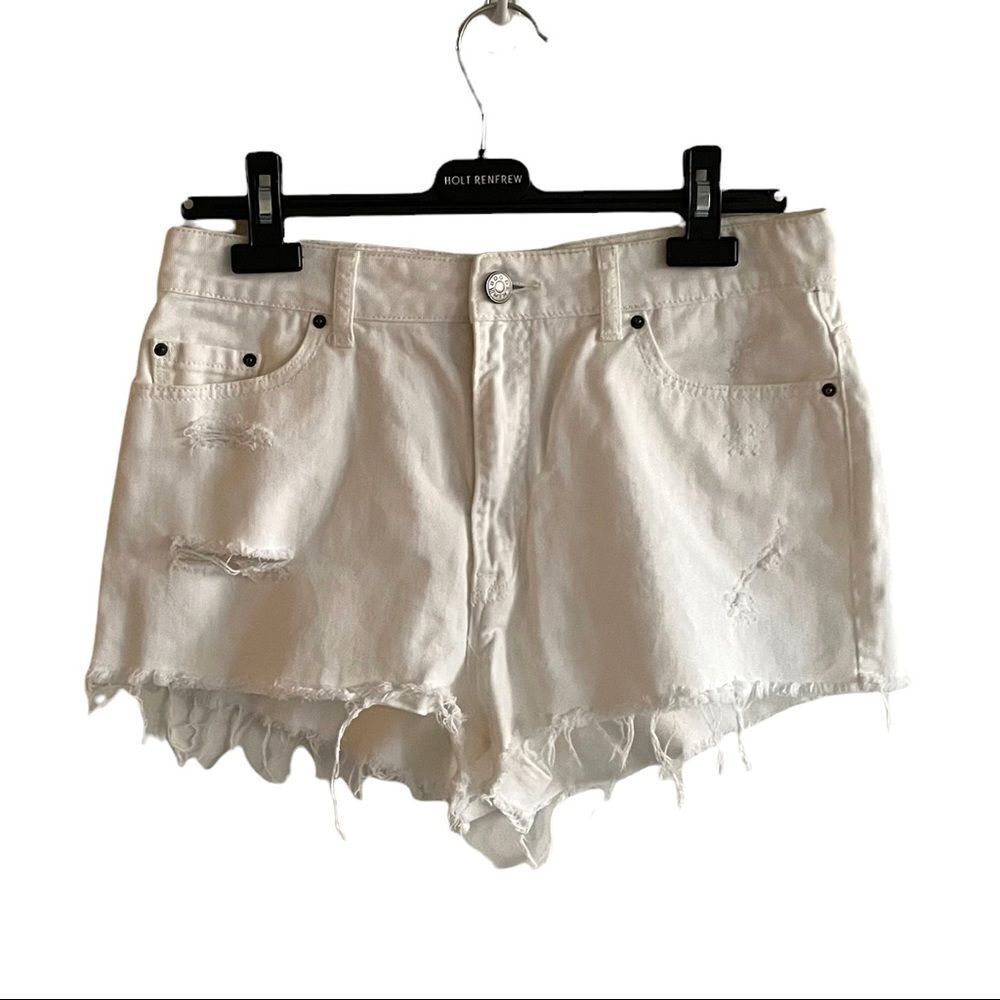 BDG Cotton High Waisted Cheeky Cut Off Denim Shorts Destruction White 30
